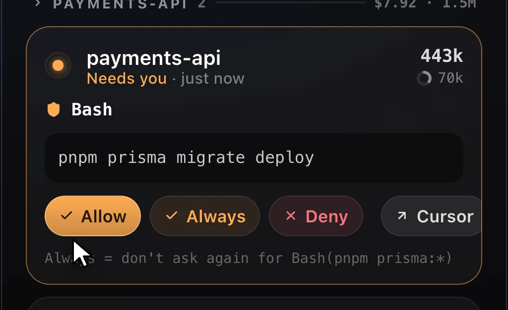 A permission request for a Bash command with Allow, Always, Deny and Cursor buttons.